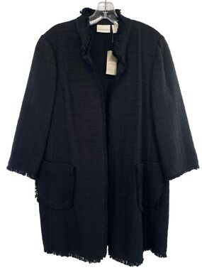 Chico’s Topper Textured 3/4 Sleeve Black Long Jacket Cotton Fringe New Large